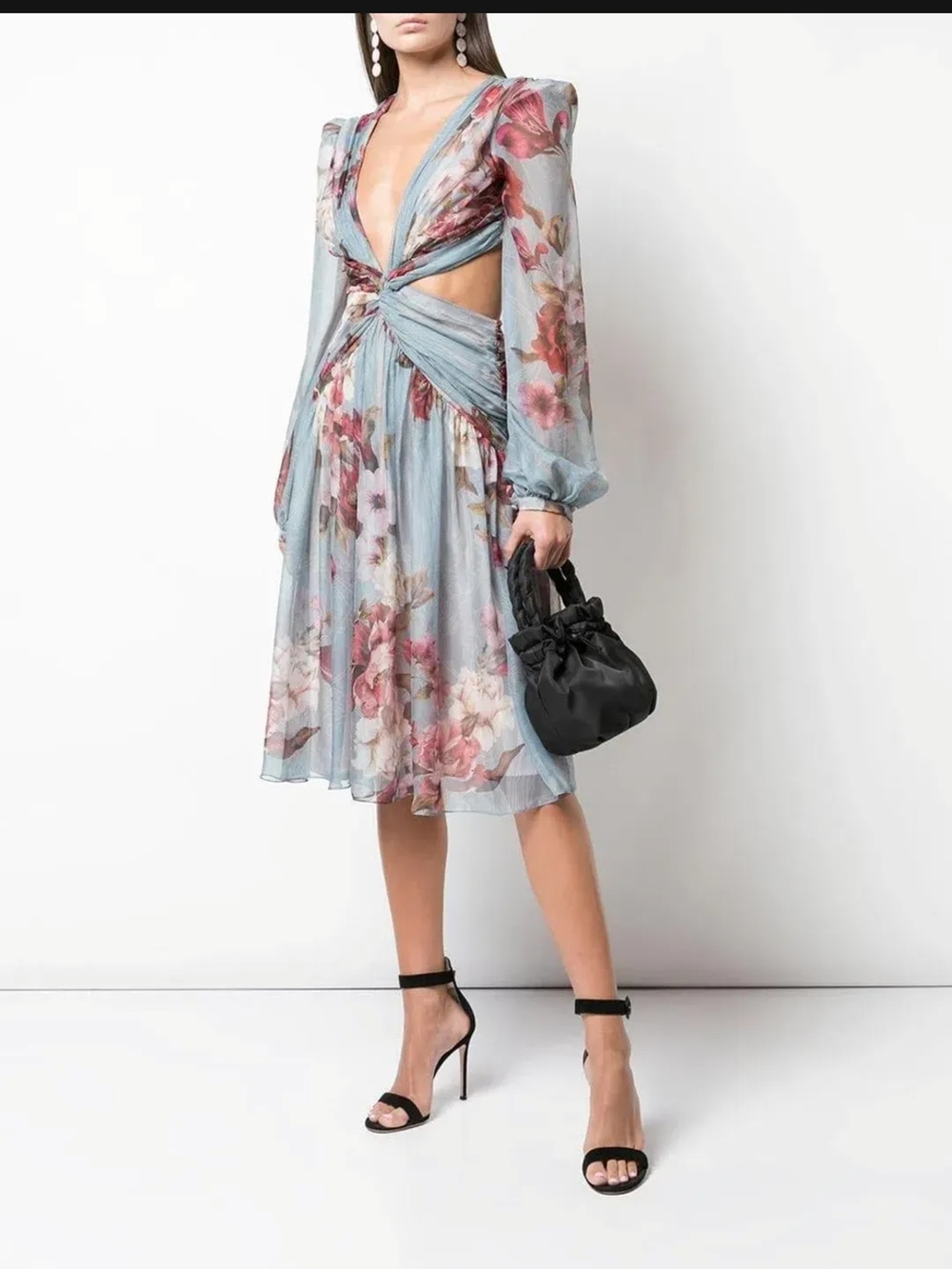 PatBo Dusty Blue Peony Cut Out Midi Dress Sz6